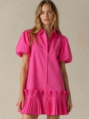 AUREUM Hot Pink Puff-Sleeve Pleated-Hem Poplin Cotton Mini Shirt Dress Size M